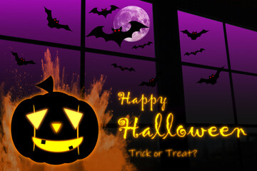 A flock of bats flew by the window and there was a pumpkin lantern. Happy Halloween trick or treat concept.