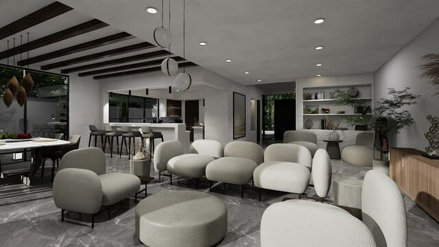 Living room kitchen interior design open space, 3D animation.