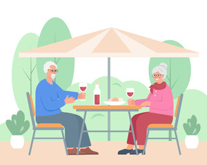 Senior man and woman at restaurant terrace with glasses of wine. Elderly couple spending time together oudoors. Active lifestyle retiree for grandparents. Vector cartoon or flat illustration.