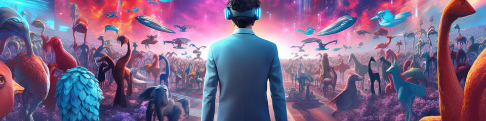Man in VR headset exploring metaverse world. Banner background illustration with copy space. AI Generative