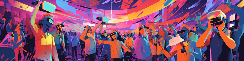 Pioneering Metaverse Journey: Dynamic Illustration of Man and Woman in VR Headsets Exploring Virtual Worlds. Banner background illustration with copy space. AI Generative