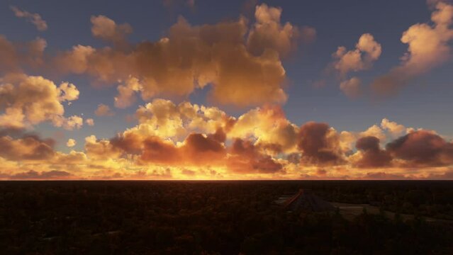 Aerial view at sunset of the Mayan Pyramid; Temple of Kukulcan; Chichen Itza; Yucatan. Mexico