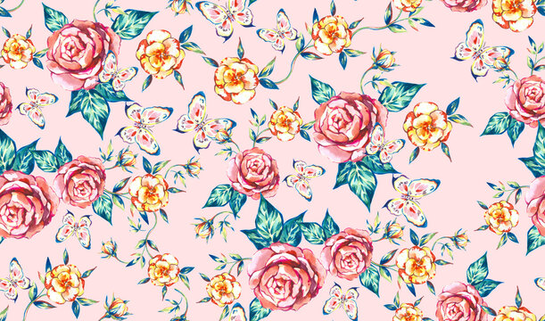 Picturesque bright seamless floral and butterfly pattern pink roses watercolor painted in oil with large strokes for wallpapers, textiles, cards, posters, prints.