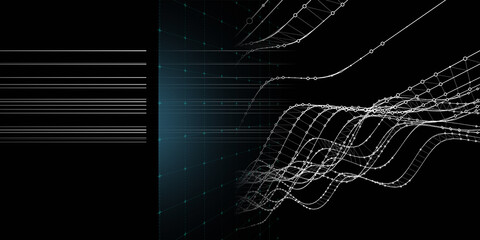Abstract background wavy lines with white circles on black. Technology concept with lines in virtual space. Big Data. Banner for business, science and technology data analytics.