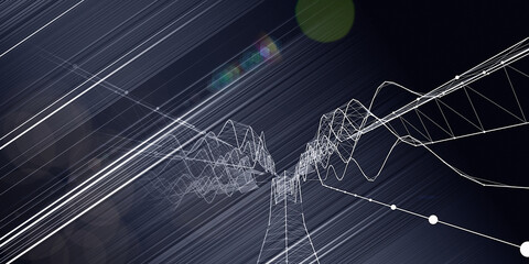 Abstract background wavy lpoly grid with white wireframe on dark. Technology concept with lines in virtual space. Big Data. Banner for business, science and technology data analytics.