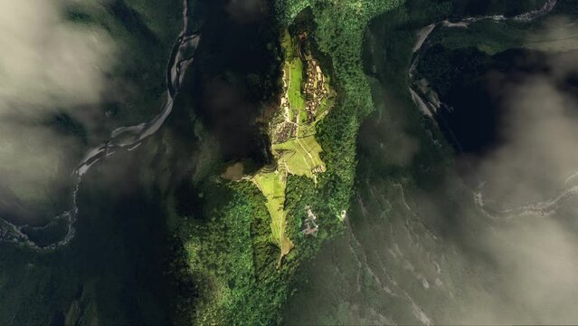 Aerial - View from above Machu Picchu; Urubamba. Peru