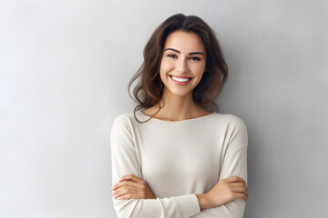 portrait of young happy woman looks in camera. Generative AI
