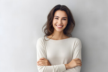 Obraz premium portrait of young happy woman looks in camera. Generative AI