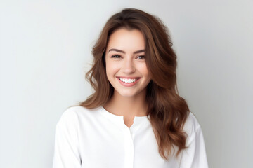 Fototapeta premium portrait of young happy woman looks in camera. Generative AI