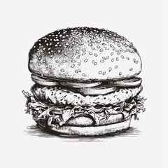 Vector illustration engraving american burger vector hamburger vintage style isolated on white - obrazy, fototapety, plakaty