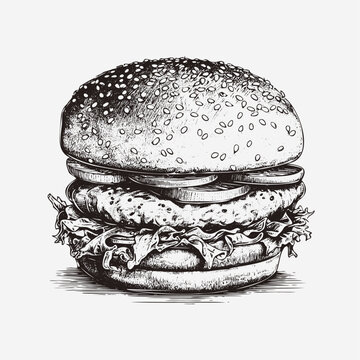 Vector illustration engraving american burger vector hamburger vintage style isolated on white