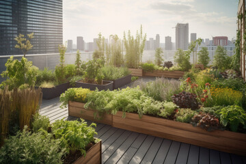Fototapeta premium Ecology concept. Wooden boxes with an urban garden on a terrace. Generative AI