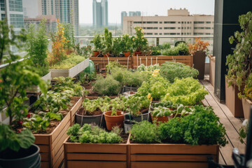 Fototapeta na wymiar Wooden boxes with an urban garden on a terrace. Generative AI