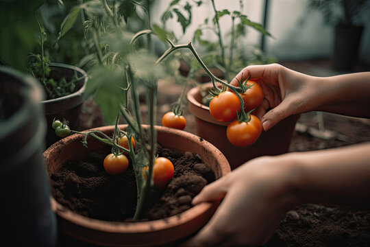 Person planting tomatoes in urban garden. Generative AI