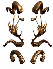 set of golden ornaments and horns 3d render transparent