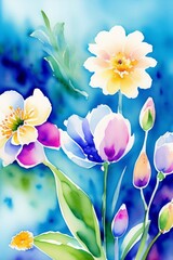 Floral watercolor painting. Yellow and Blue flowers in soft color on blue color background. Spring flowers seasonal nature background. AI Generated