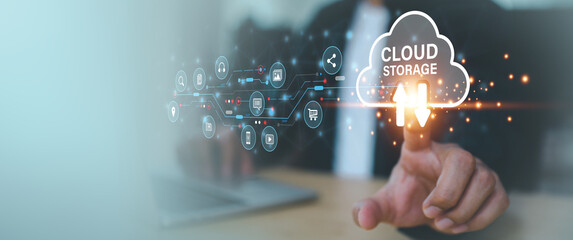 Database storage cloud technology file data transfer sharing, cyber, big data information for financial online marketing, internet banking application or computer download upload backup cloud drive.