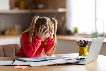 Dyslexia Concept. Little Girl Struggling With Homework, Having Reading Difficulties - obrazy, fototapety, plakaty
