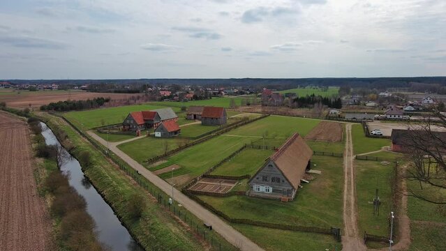Restored old buildings of the former inhabitants of Olendry on the banks of the Vistula River, Poland.