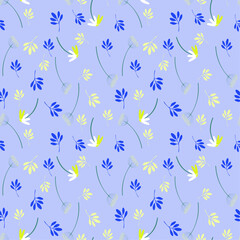 summer floral seamless pattern of herbs, daisies on a blue background for wallpaper, fabric, packaging
