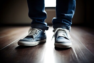 Man in jeans and sneakers. Closeup of the feet. Denim fashion concept. Generative AI