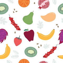 Seamless pattern background of fresh fruit collection with leaf and seed on white background