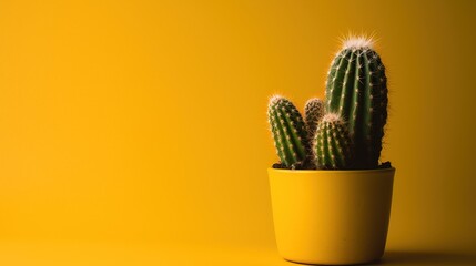 Cactus in yellow pot on yellow background with copy space, Minimal style.Generative Ai