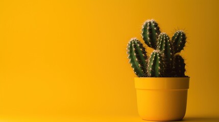 Cactus in yellow pot on yellow background with copy space, Minimal style.Generative Ai