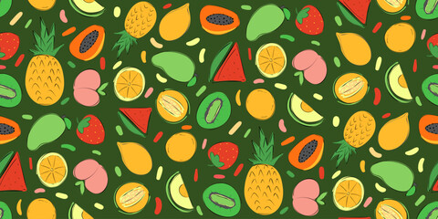 Exotic fruit seamless pattern in hand-drawn style. Vector repeat background for colorful summer fabric