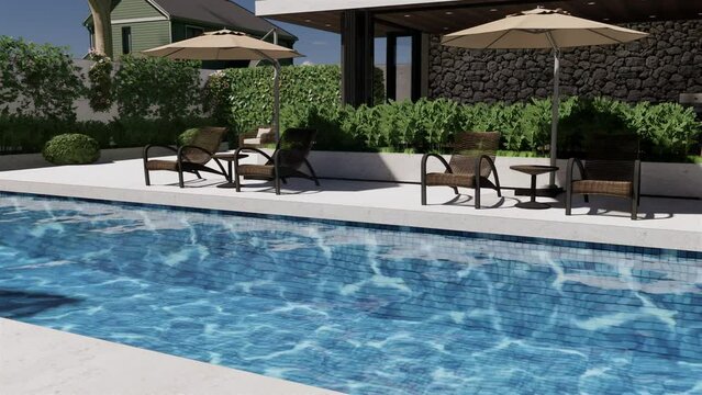 Garden with swimming pool and seating area. 3D video.