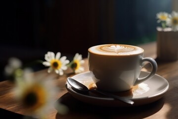 Coffee cup on wooden table with flower in coffee shop, generative ai