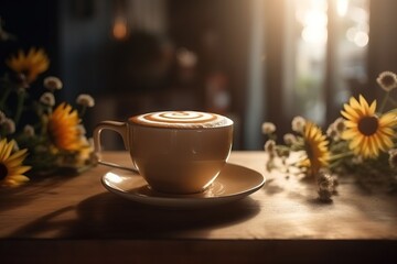 Fototapeta premium Coffee cup with sunflowers on wooden table in cafe, generative ai