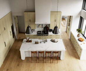 The project of a classic kitchen with a panoramic window.