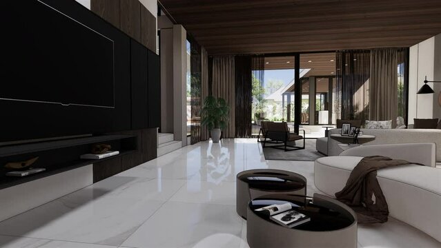 Interior of a modern living room in a house 3D animation.	
