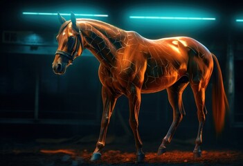 Fototapeta na wymiar Horse is standing stably. Digital Illustration. Neon light, generative ai