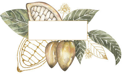 Watercolor hand drawn vintage style cacao branch and golden liner frame illustration, floral wreath, cocoa leaves and pod border clipart