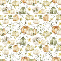 Watercolor hand drawn pumpkin and leaves seamless pattern. Autumn florals repeat paper. Beautiful textile print - obrazy, fototapety, plakaty