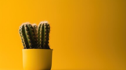 Cactus in yellow pot on yellow background with copy space, Minimal style.Generative Ai