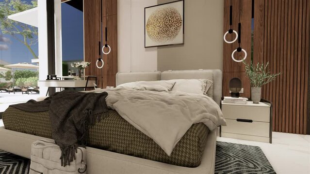 Modern bedroom design, bedroom interior design 3D animation.	