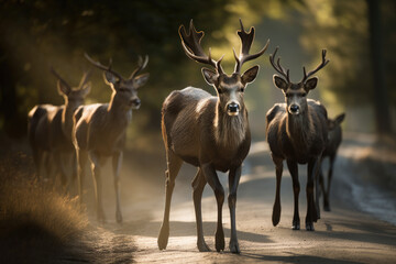 Roe deers crossing the forest road, between trees. Generated Ai