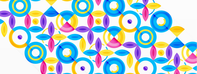 Abstract background - minimalist circles and round elements composition with varying sizes circles and other geometric shapes. The elements are arranged symmetrically in a grid-like pattern