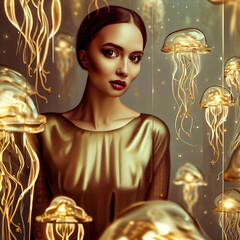 Woman and jellyfish. Generative AI.