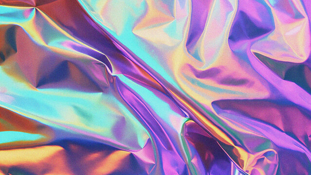 abstract holographic background foil texture.
90s / Vaporwave / grain texture / pastel colors / rainbow colors / noise / metallic / ai generated 