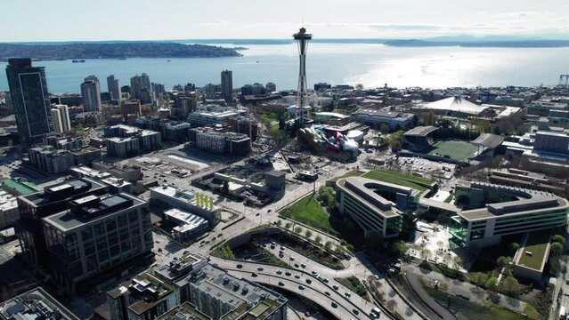 Seattle City Center Aerial with Puget Sound Background