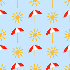 Seamless pattern with sun and umbrella illustration in cutting style on blue © Viktoriia