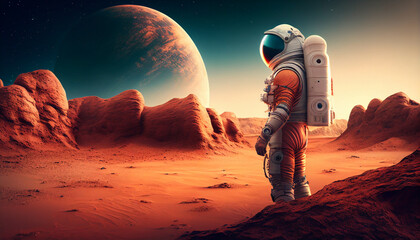 Adventurous astronaut explores creative mars planet, Generative AI