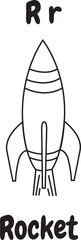 Rocket icon with English alphabet R letter.For worksheets and coloring pages.