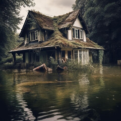 Flooded village in a flood. Generative AI.