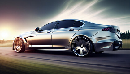 Fototapeta na wymiar Sleek silver sports sedan on the road with a metallic finish, Generative AI
