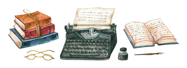 Watercolor typewriter, glasses, pen, ink, books. Hand drawn illustration is isolated on white. Vintage writer's items are perfect for book design, logo, labeling